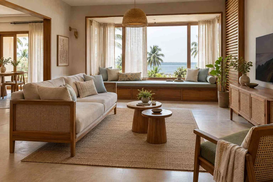 AI-generated living room design concept: bay window conversation, coastal woven direction