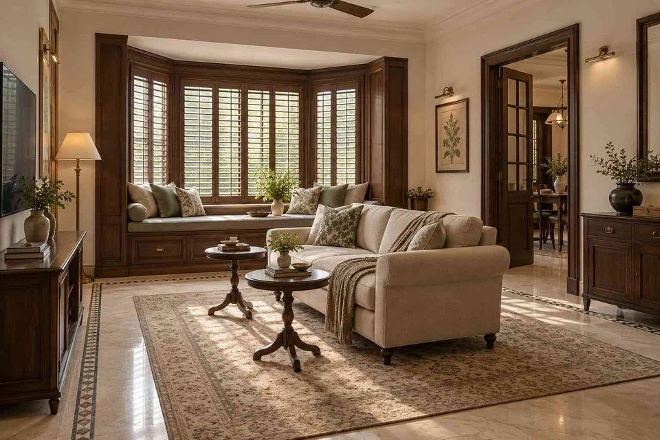 AI-generated living room design concept: bay window conversation, colonial quiet direction