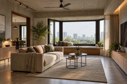 AI-generated living room design concept: bay window conversation, concrete and oak direction