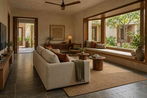 AI-generated living room design concept: bay window conversation, courtyard modern direction