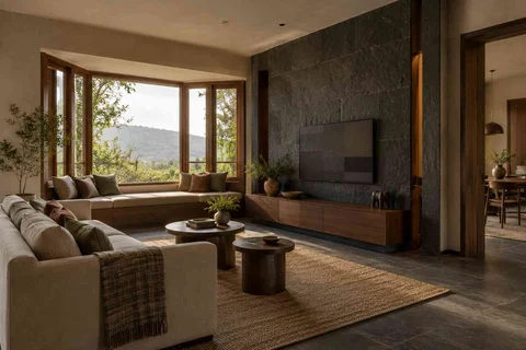 AI-generated living room design concept: bay window conversation, deccan stone direction