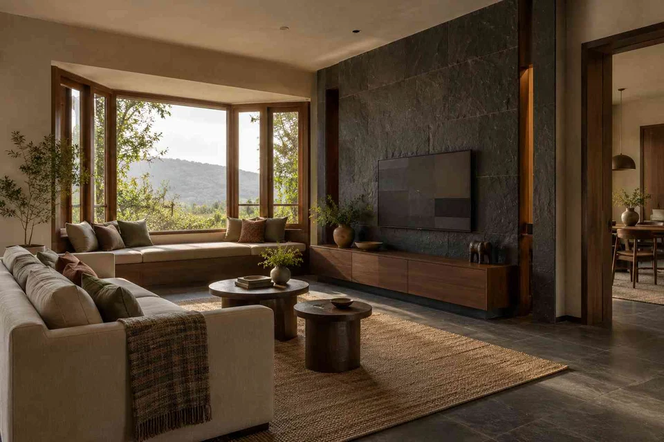AI-generated living room design concept: bay window conversation, deccan stone direction