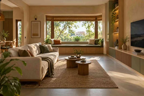 AI-generated living room design concept: bay window conversation, earth and bamboo direction