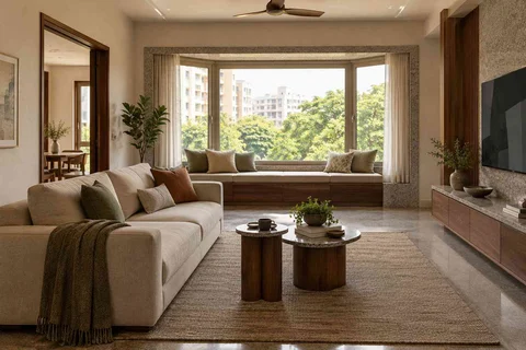 AI-generated living room design concept: bay window conversation, granite precision direction