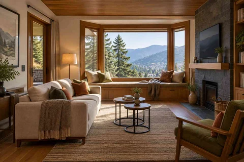 AI-generated living room design concept: bay window conversation, hill timber direction