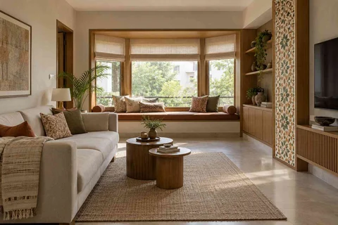 AI-generated living room design concept: bay window conversation, inlay atelier direction
