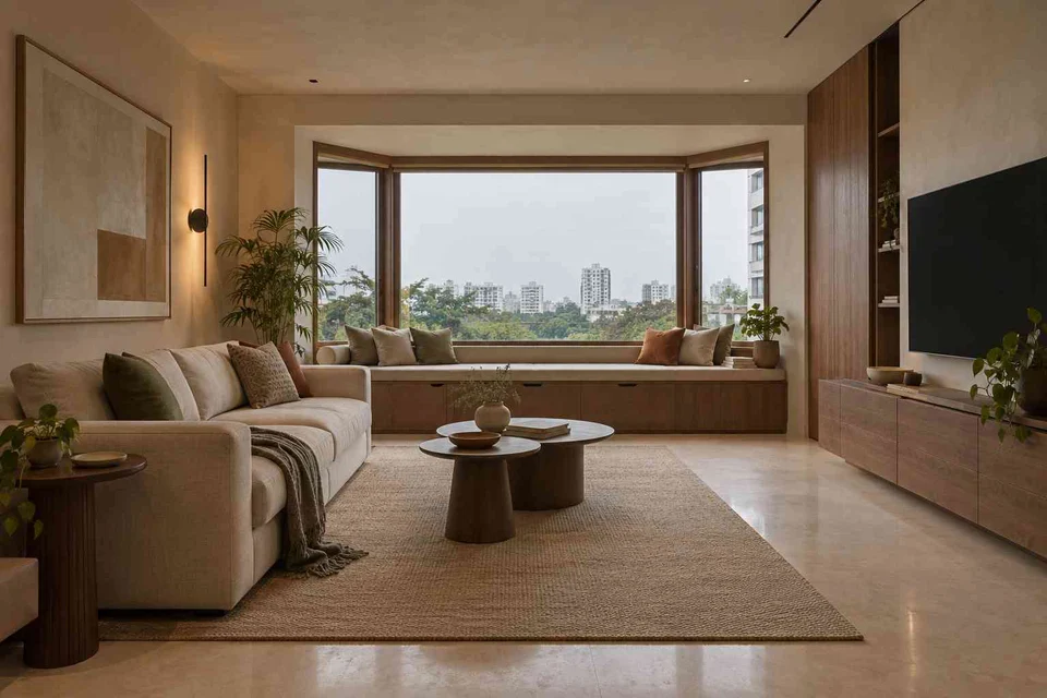 AI-generated living room design concept: bay window conversation, lime and walnut direction