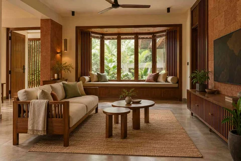 AI-generated living room design concept: bay window conversation, malabar timber direction