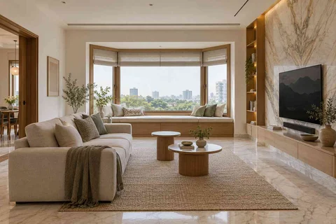 AI-generated living room design concept: bay window conversation, marble restraint direction