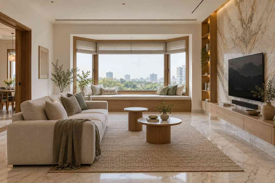 AI-generated living room design concept: bay window conversation, marble restraint direction