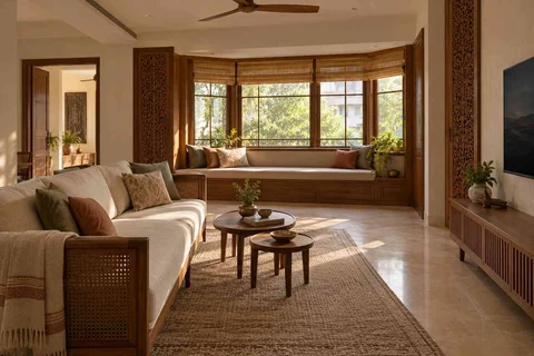AI-generated living room design concept: bay window conversation, modern carved direction