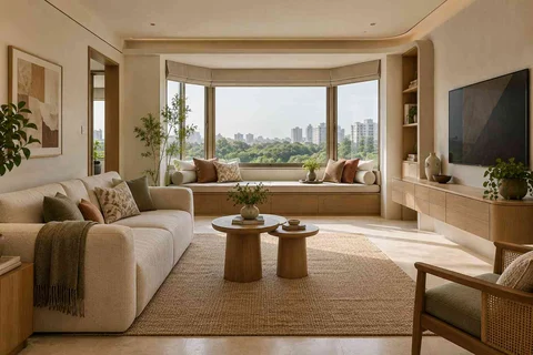 AI-generated living room design concept: bay window conversation, quiet contemporary direction