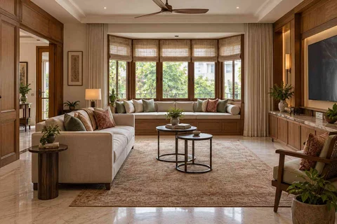 AI-generated living room design concept: bay window conversation, quiet transitional direction