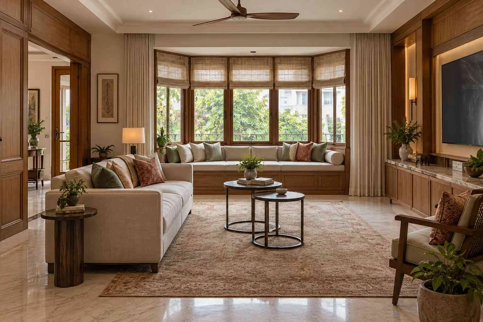 AI-generated living room design concept: bay window conversation, quiet transitional direction