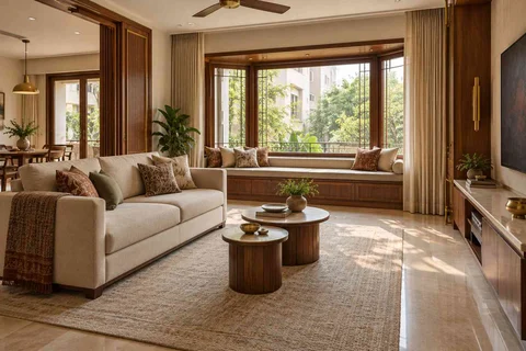AI-generated living room design concept: bay window conversation, rosewood brass direction
