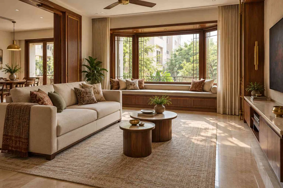 AI-generated living room design concept: bay window conversation, rosewood brass direction