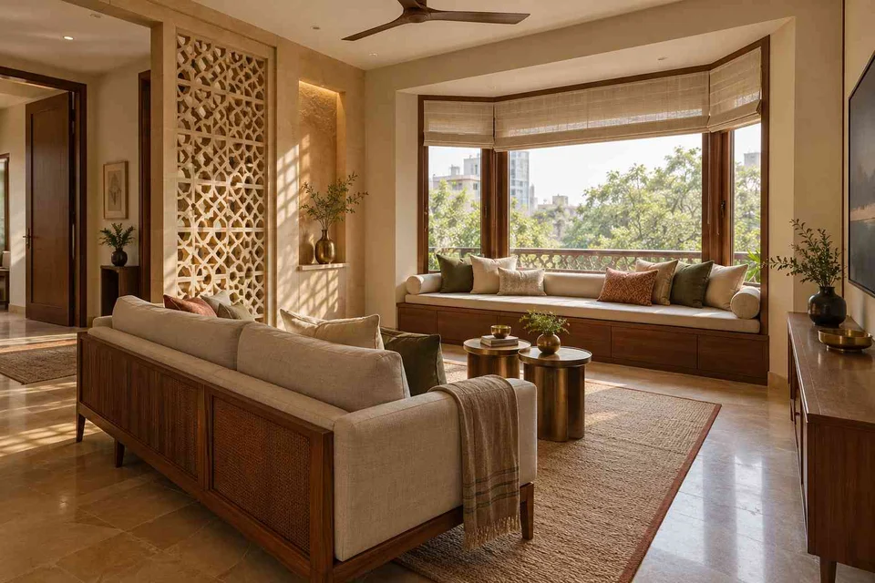 AI-generated living room design concept: bay window conversation, sandstone lattice direction