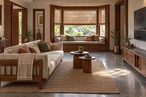 AI-generated living room design concept: bay window conversation, teak craft direction