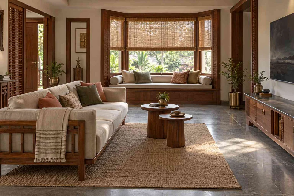 AI-generated living room design concept: bay window conversation, teak craft direction