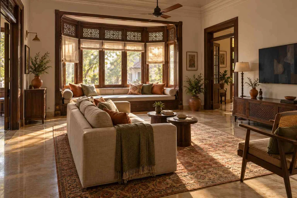 AI-generated living room design concept: bay window conversation, terracotta heritage direction