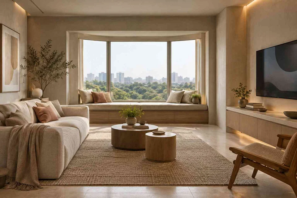 AI-generated living room design concept: bay window conversation, textured mineral direction