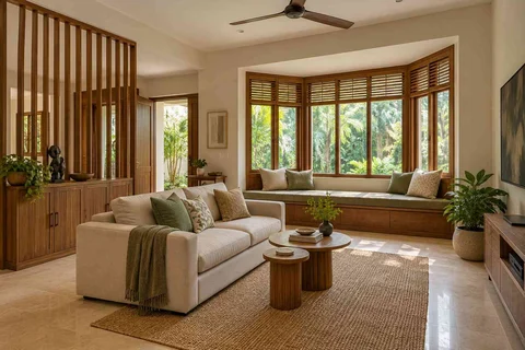 AI-generated living room design concept: bay window conversation, tropical slatted direction