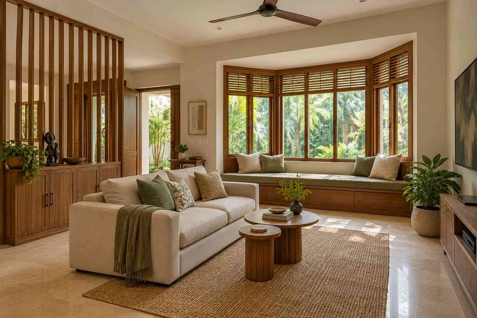 AI-generated living room design concept: bay window conversation, tropical slatted direction