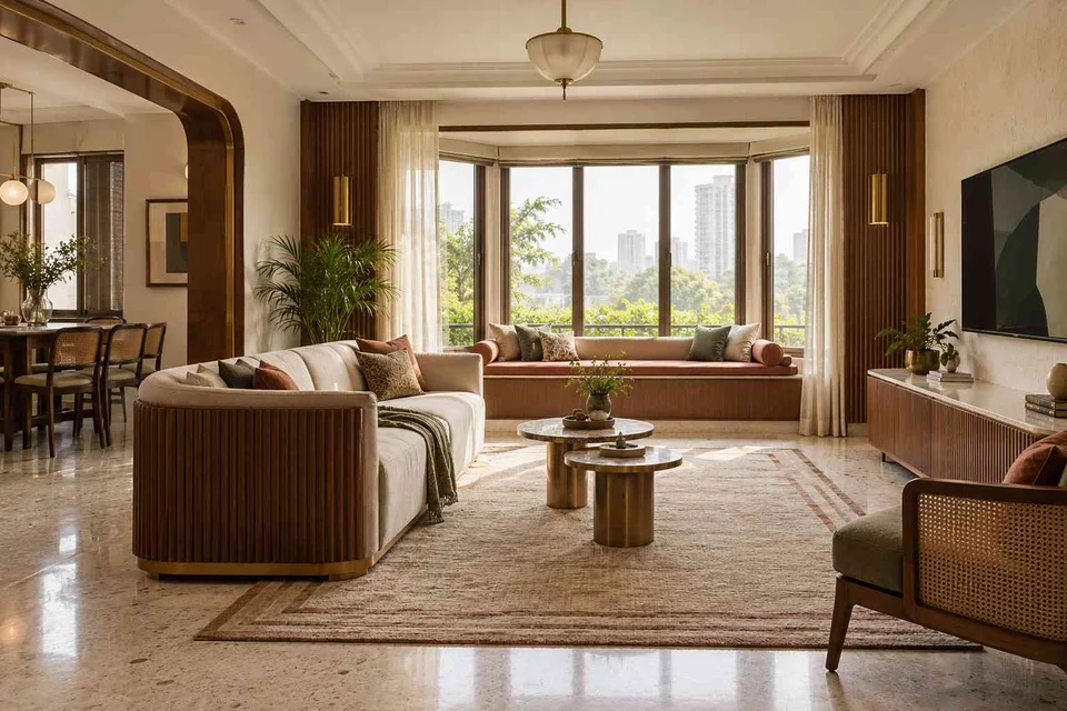 AI-generated living room design concept: bay window conversation, urban deco direction