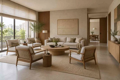 AI-generated living room design concept: central conversation island, ash and linen direction
