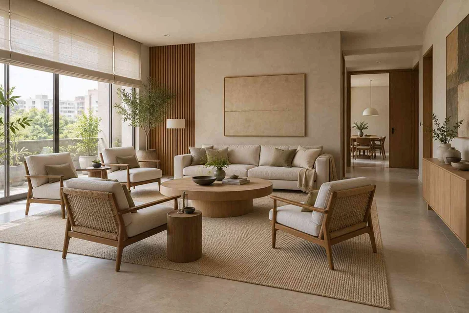 AI-generated living room design concept: central conversation island, ash and linen direction