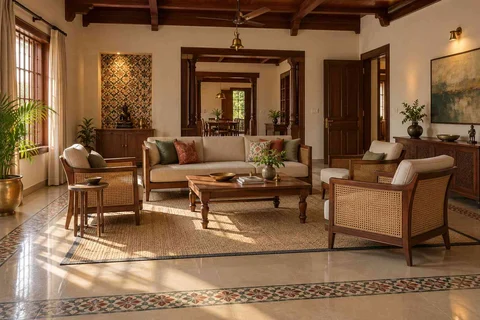 AI-generated living room design concept: central conversation island, chettinad tile direction