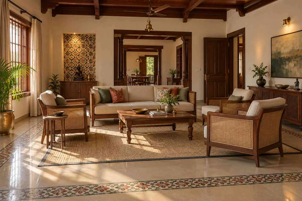 AI-generated living room design concept: central conversation island, chettinad tile direction