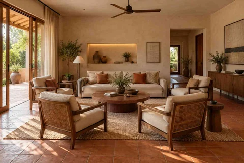 AI-generated living room design concept: central conversation island, clay artisan direction