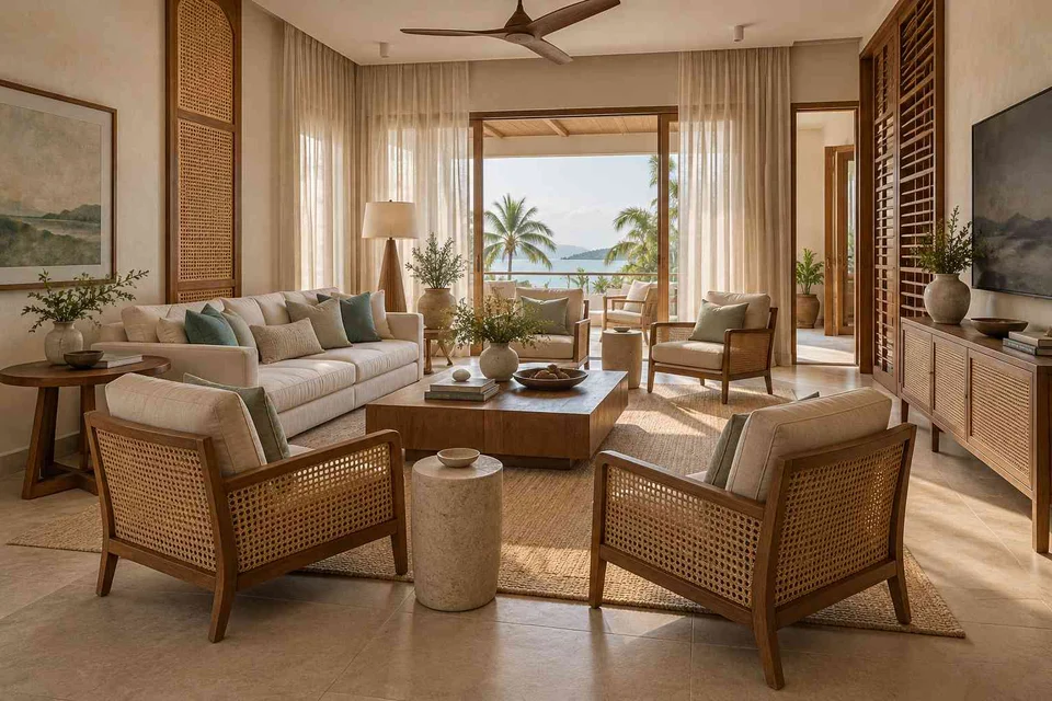 AI-generated living room design concept: central conversation island, coastal woven direction