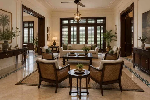 AI-generated living room design concept: central conversation island, colonial quiet direction