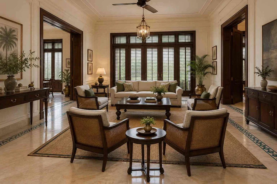 AI-generated living room design concept: central conversation island, colonial quiet direction