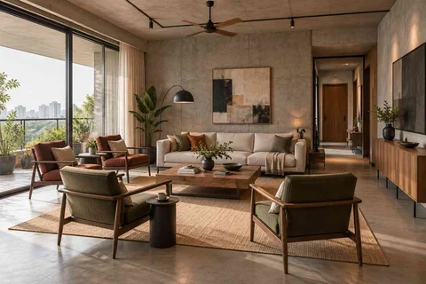 AI-generated living room design concept: central conversation island, concrete and oak direction