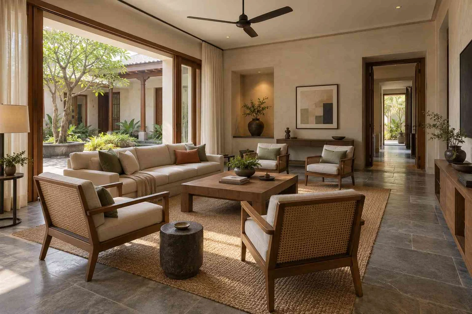 AI-generated living room design concept: central conversation island, courtyard modern direction
