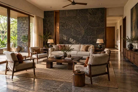 AI-generated living room design concept: central conversation island, deccan stone direction