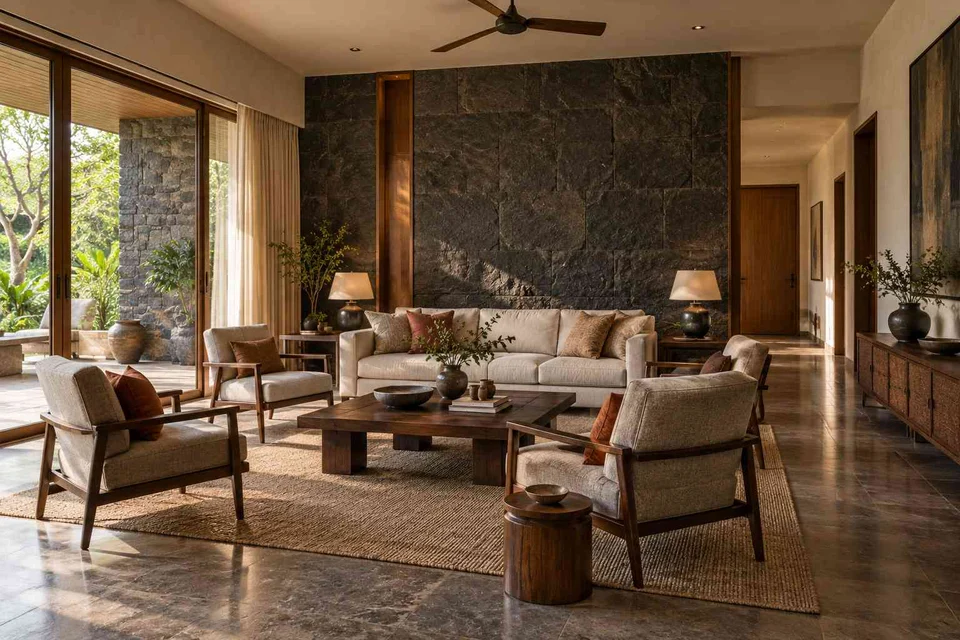 AI-generated living room design concept: central conversation island, deccan stone direction