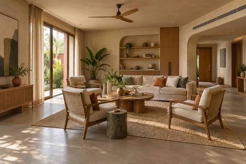 AI-generated living room design concept: central conversation island, earth and bamboo direction