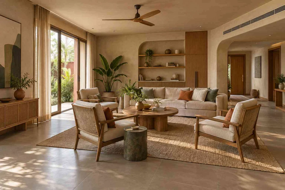 AI-generated living room design concept: central conversation island, earth and bamboo direction