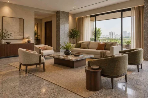 AI-generated living room design concept: central conversation island, granite precision direction