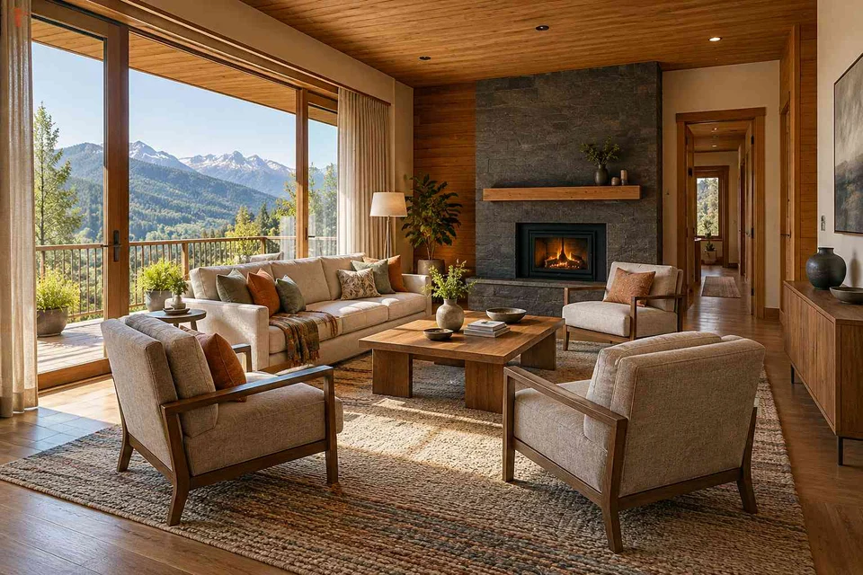 AI-generated living room design concept: central conversation island, hill timber direction