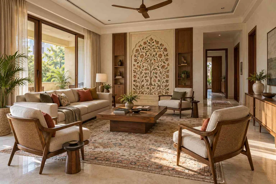AI-generated living room design concept: central conversation island, inlay atelier direction