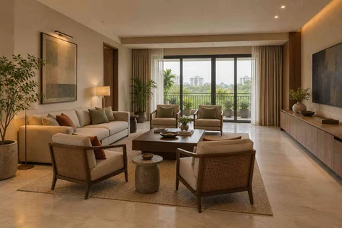 AI-generated living room design concept: central conversation island, lime and walnut direction
