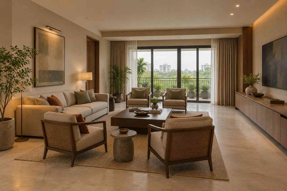 AI-generated living room design concept: central conversation island, lime and walnut direction
