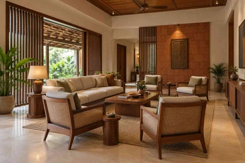 AI-generated living room design concept: central conversation island, malabar timber direction