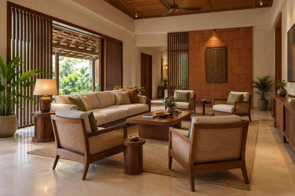 AI-generated living room design concept: central conversation island, malabar timber direction