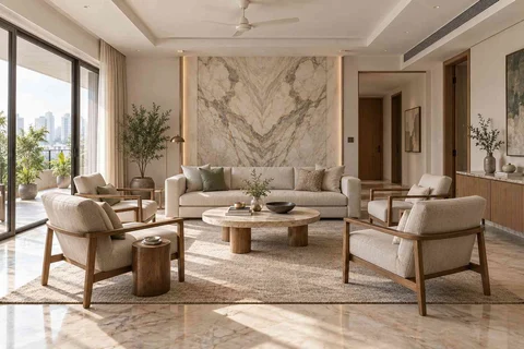 AI-generated living room design concept: central conversation island, marble restraint direction